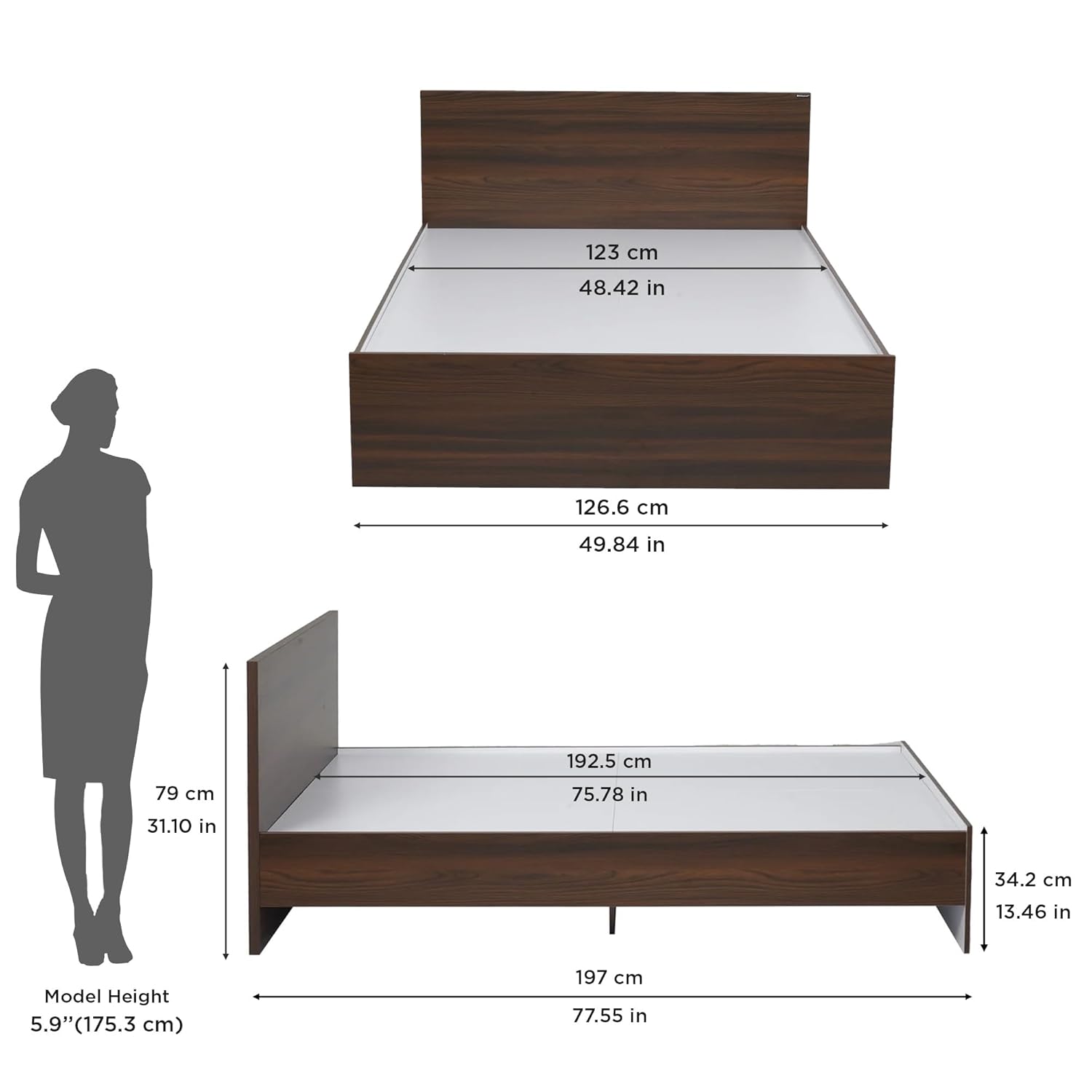 Nilkamal Arthur Double Bed Without Storage | Engineered Wood | Knock Down | 1 Year Warranty | Contemporary Design | Walnut