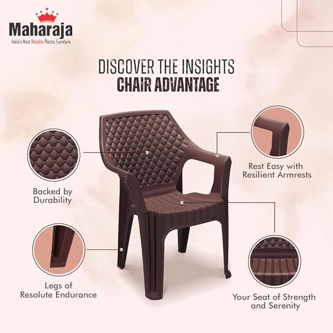 MAHARAJA Plastic Chair Set, Chair for Living Room, Home, Plastic Chair for Home with Arm Rest/Modern Stylish Design with Glossy & Matte Finish Bearing Capacity 200Kg. (Brown, Pack of 4)