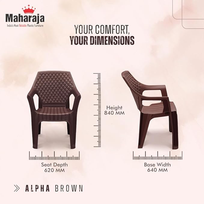 MAHARAJA Plastic Chair Set, Chair for Living Room, Home, Plastic Chair for Home with Arm Rest/Modern Stylish Design with Glossy & Matte Finish Bearing Capacity 200Kg. (Brown, Pack of 4)