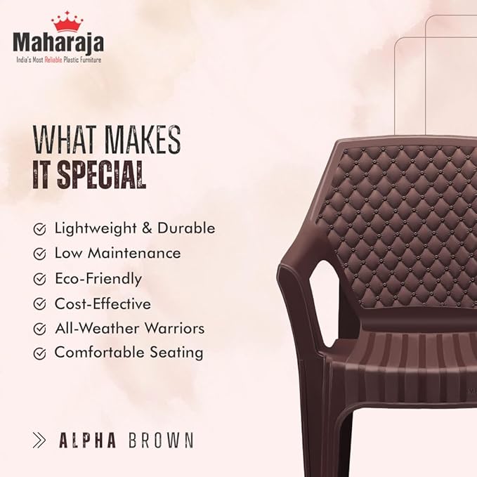 MAHARAJA Plastic Chair Set, Chair for Living Room, Home, Plastic Chair for Home with Arm Rest/Modern Stylish Design with Glossy & Matte Finish Bearing Capacity 200Kg. (Brown, Pack of 4)